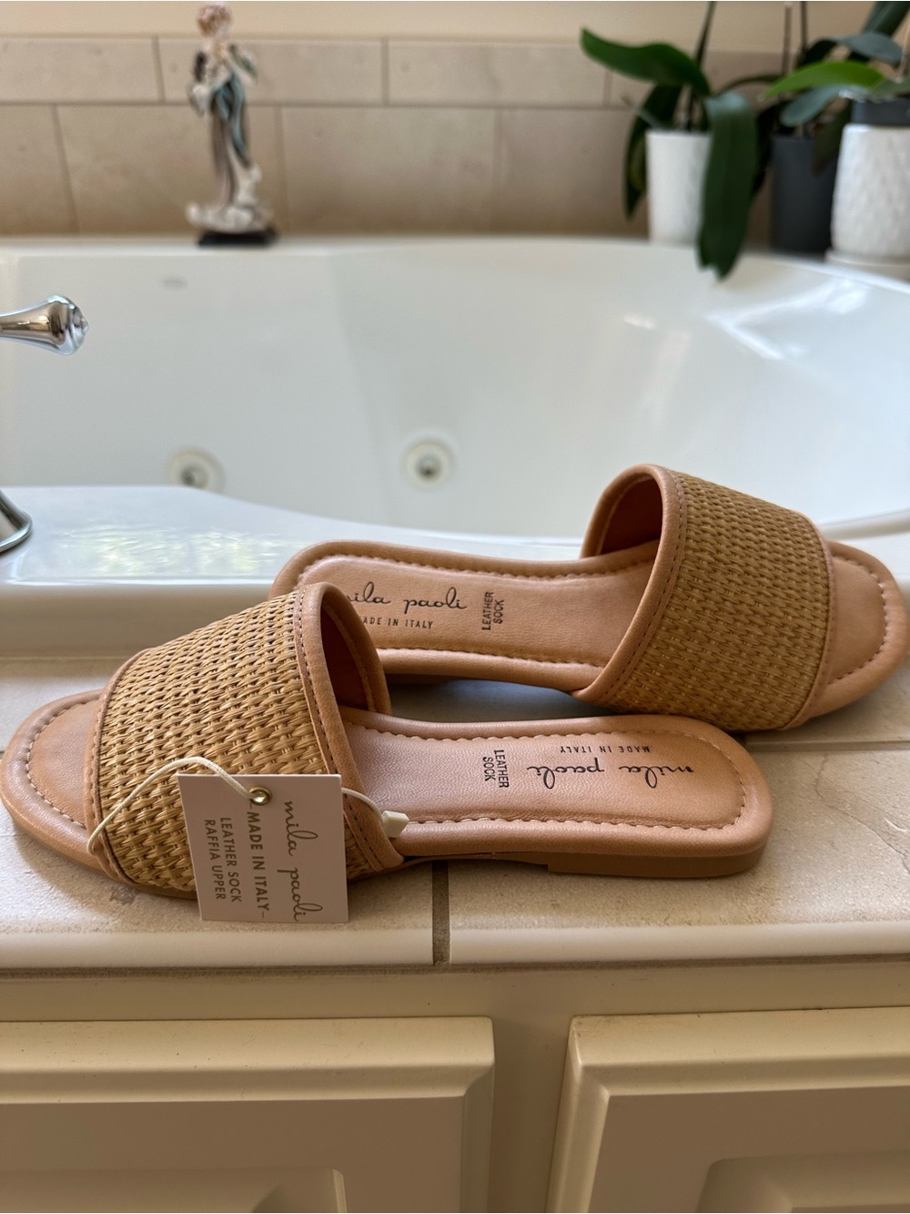 Mila Paoli Tan Woven Slide Mules